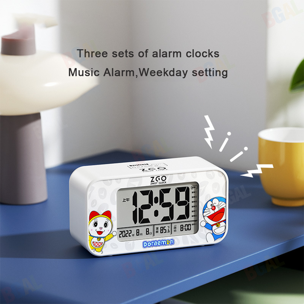 100% Authentic Doraemon Digital Clock Alarm Clock Rechargeable with Night Light Kids Clock Anti-fall Temperature display USB charging Support Wireless/Wired Use 0125