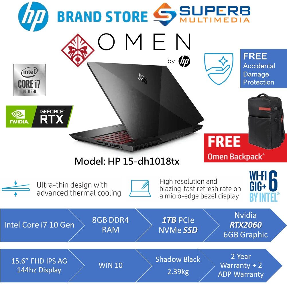 Hp Omen Laptop 15 Dh1018tx Intel Core I7 8gb Ram 1tb Ssd Rtx60 6gb 15 6 Inch 144hz Win10 Black Lazada