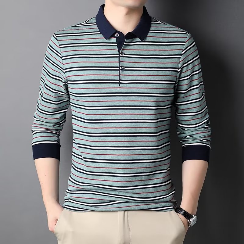 Autumn Long Sleeve Polo Shirt Men's Striped Business Polo Shirt Casual Lapel T-shirt
