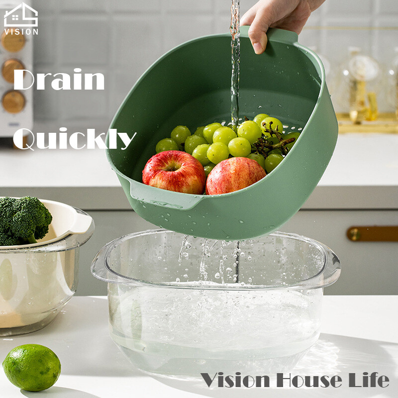 Vision Double Layer Vegetable Washing Basin Drain Basket Multi-Functional Detachable Drainage Basket Bowl Household Plastic Fruit Basket Kitchen Storage Strainer Leakage Filter Basket
