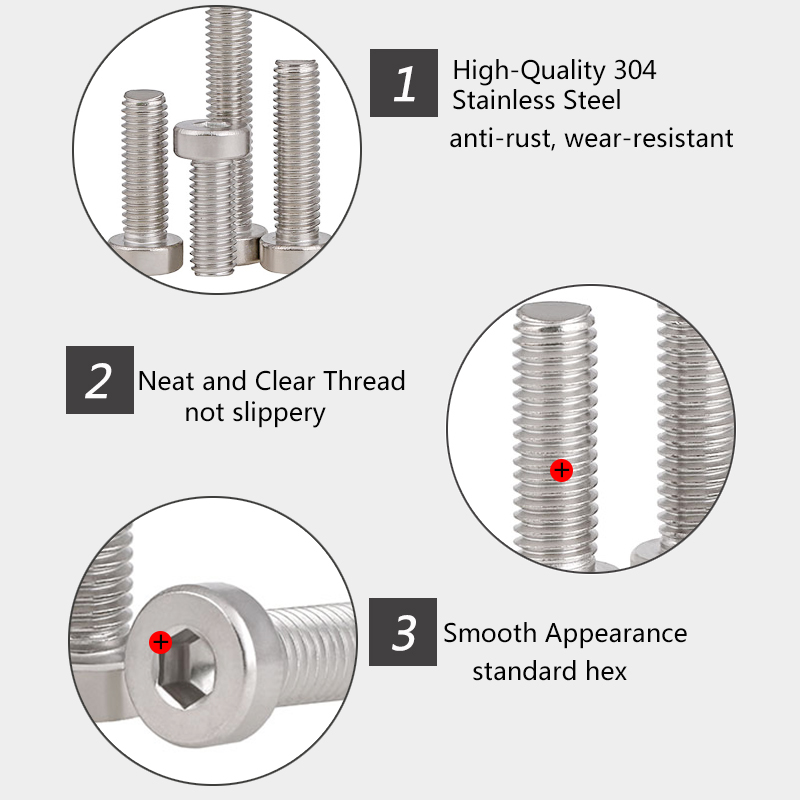 M3 M4 M5 M6 M8 M10 Stainless Steel 304 Hex Hexagon Socket Thin Head Bolt Screws Bolts Solid Fasteners Length 4mm-60mm Millimeters