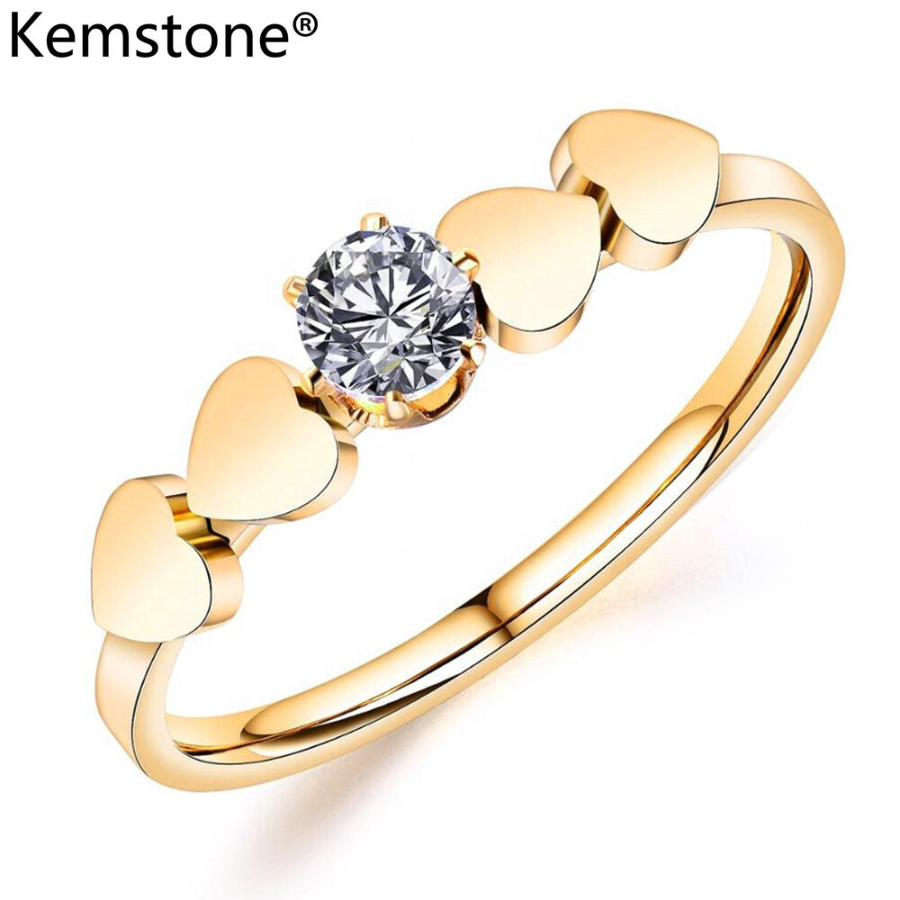 Kemstone Fashion INS Gold Plated Stainless Steel Zirconia Heart Rings for Girls Women