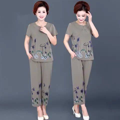 Mom summer suit 40-60 years old middle-aged and elderly summer clothes women's short-sleeved two-piece grandma's top + pants