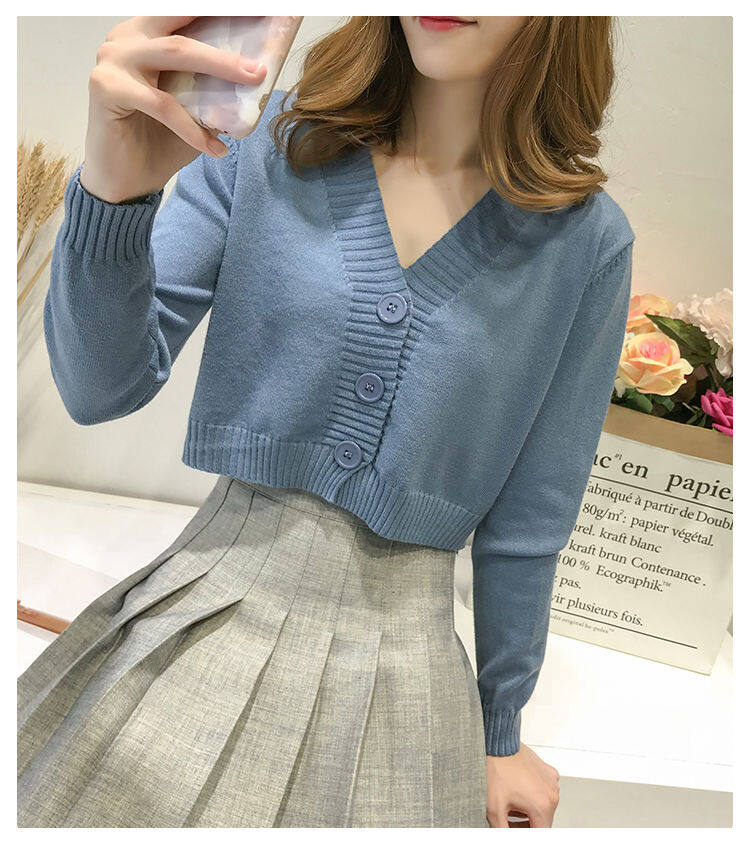 Women Knitted Cardigan Crop Korean Short Sweater Long Sleeve V Neck Green Blue Tops