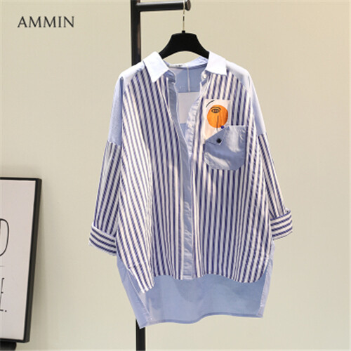 AMMIN Blue vertical stripes color matching cotton and linen mid-length shirt female 2021 spring new fashion lapel collar with single pocket casual shirt top