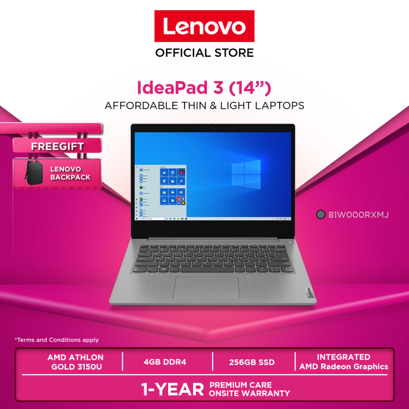 Lenovo IdeaPad 3 | 81W000RXMJ| 14 Platinum Grey|Athlon 3150U|4GB|256GB|W10H|1YR WARRANTY|FOC: BACKPACK Malaysia