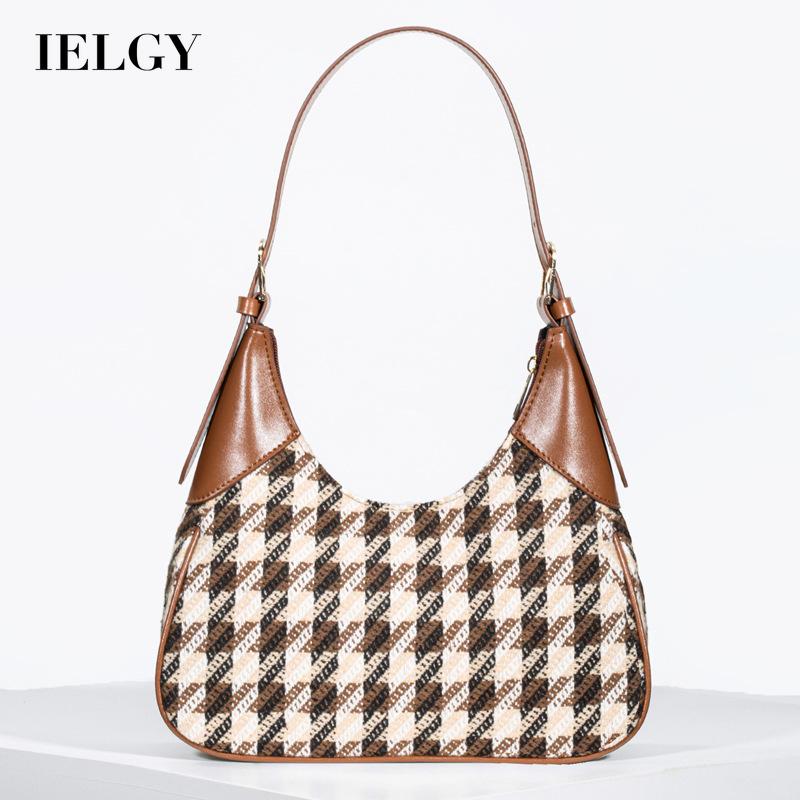 IELGY ladies color-blocking shoulder bag woolen plaid all-match