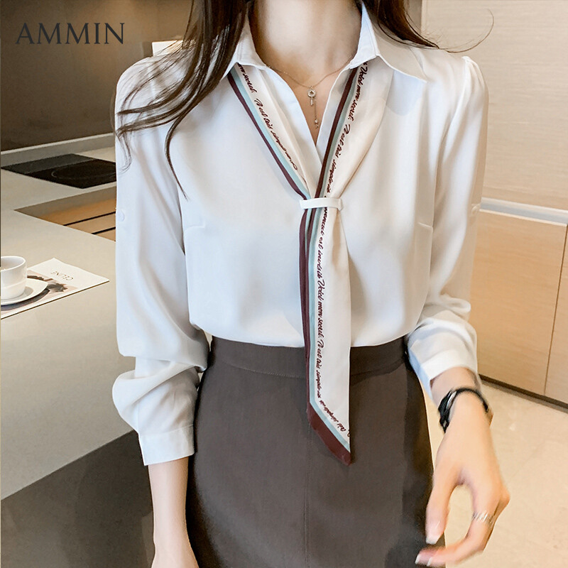 AMMIN Chiffon White Shirt Women's New Fashion Loose Top Bow Scarf Long Sleeve Blouse