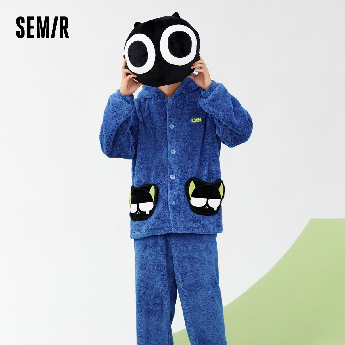 Semir Home Set Men Double-Sided Velvet Warm Hooded Pajamas Cartoon Leggings Set For Homewear
