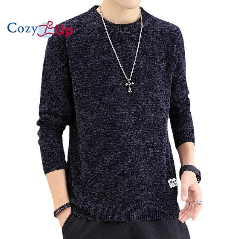 Cozy Up Men Long Sleeve Sweater Solid Color Slim Round Neck Plus Velvet Thick Knit Pullover