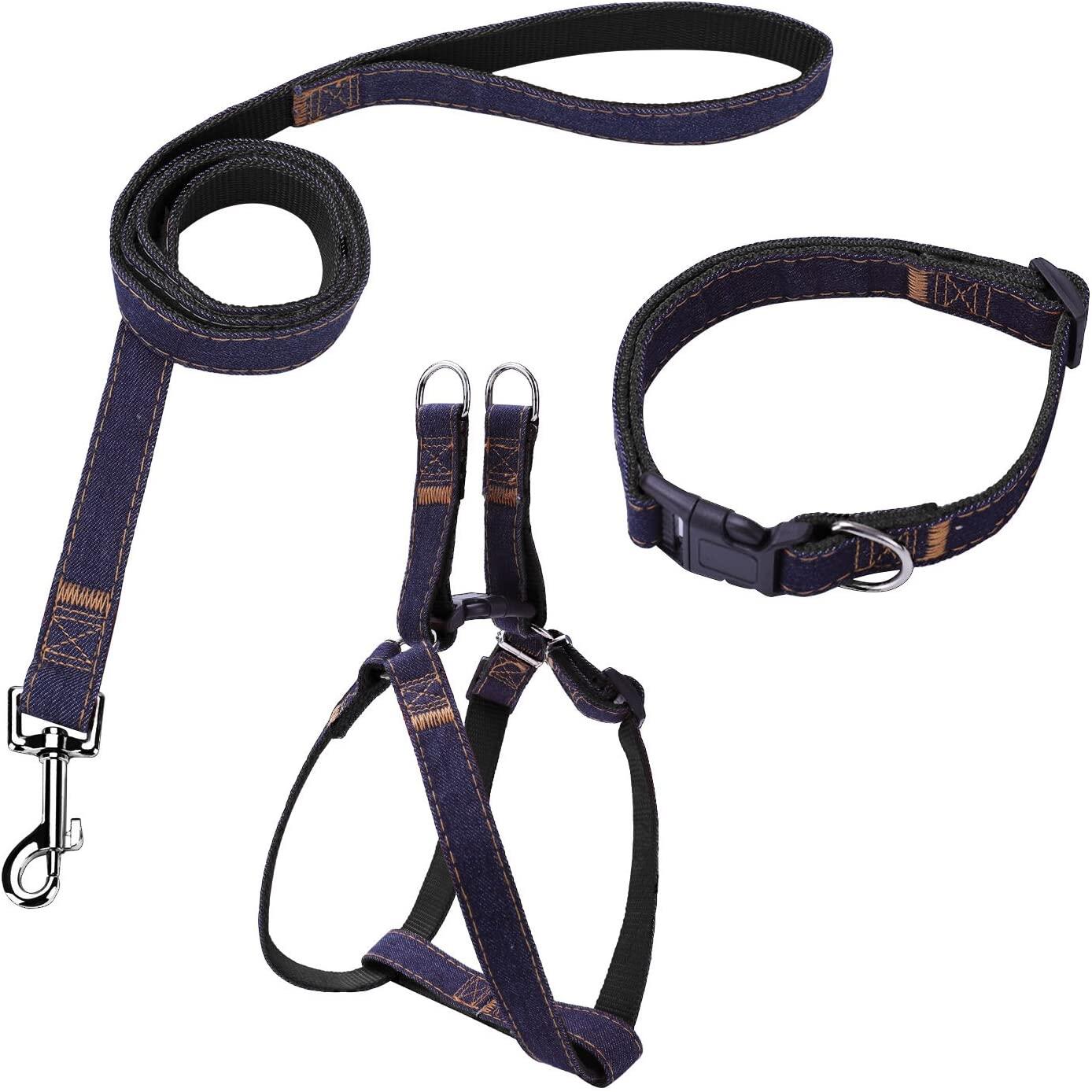3 Pcs Dog Harness Leash and Collar Matching Sets for Small Puppy Medium Large Dogs Pets, Heavy Duty Nylon with Denim Design for Walking Training Dog
