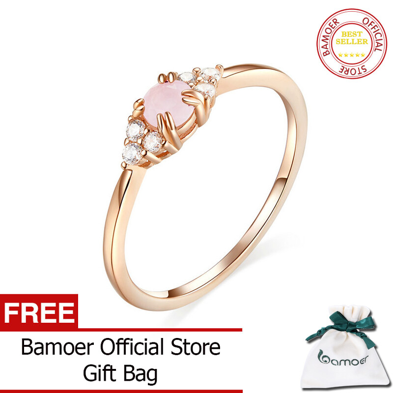 BAMOER Pink Crystal Finger Rings for Women Rose Gold Color Authentic 925 Stelring Silver Band Ring Luxury Fine Jewelry SCR534