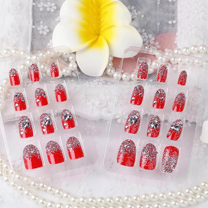 24Pcs Red Vòng Móng Tay Giả Acrylic UV Gel Đầy Đủ Pháp Móng Tay Giả Nghệ Thuật Mẹo Công Cụ