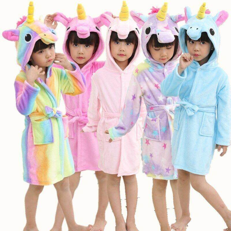 Girl Bathrobe Kids Warm 3D Unicorn Star Dressing Gown Fleece Night Loungewear