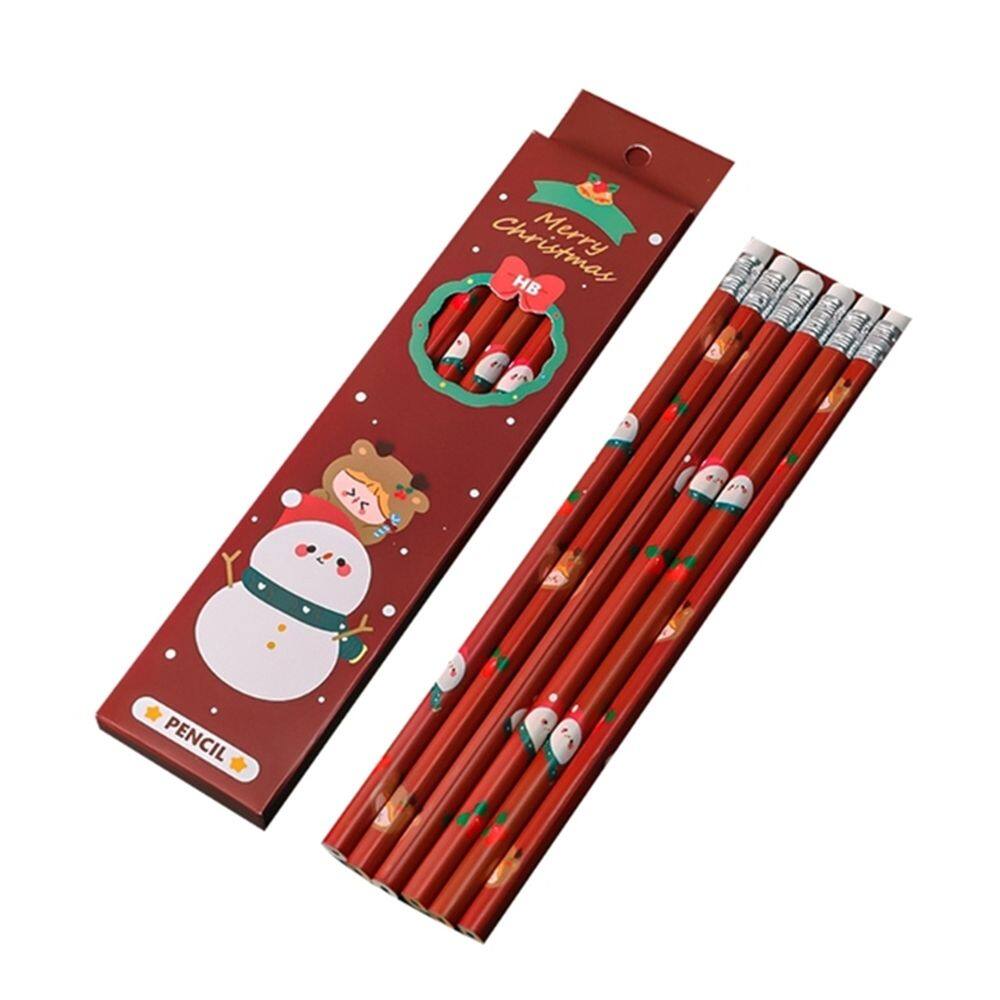 EGU 6 cái / bộ Quà tặng cho trẻ em Xmas Bộ bút vẽ phác thảo Văn phòng phẩm Vật dụng viết với Eraser Bút chì gỗ HB Pencils Bút chì Giáng sinh chuẩn