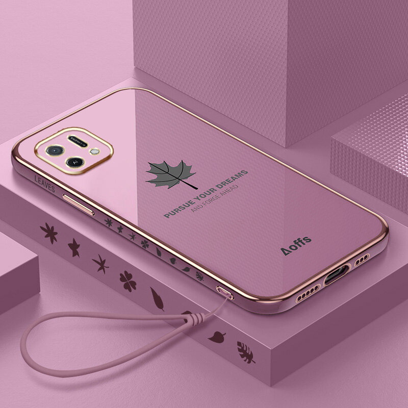 YBD Straight Edge Plating Phone case For OPPO A16K A16E casing,Precise Camera Protection case Maple leaf pattern cover with Free lanyard