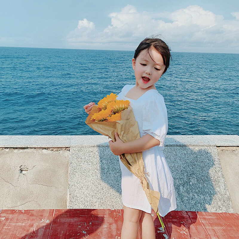2022 New Girls Korean Fashion Solid Color Skirt Open Back Sweet Lace Dress Princess Dress 1-5 Years