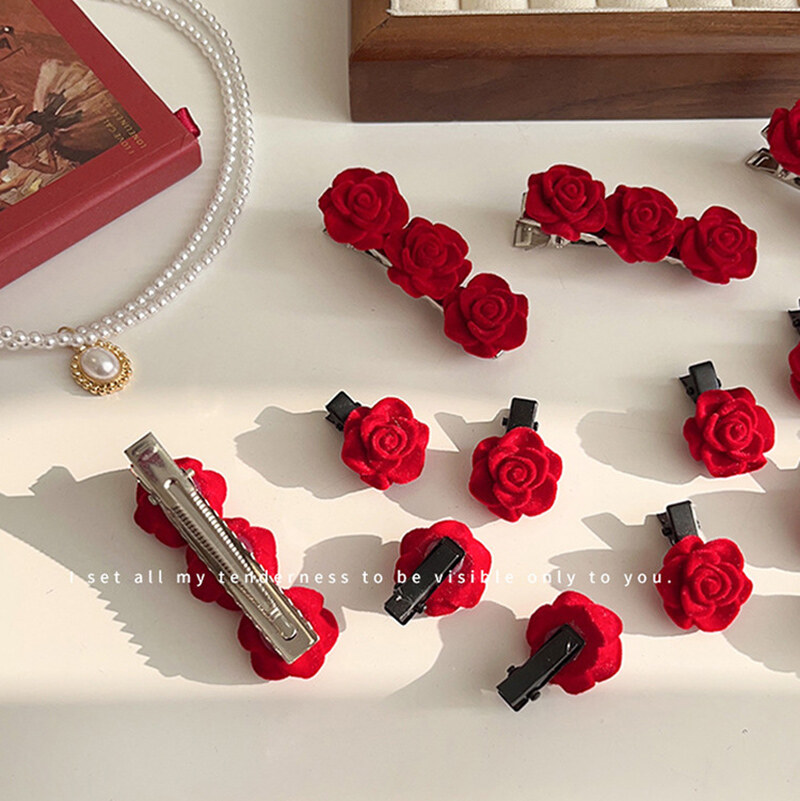 Flocked red rose hairpins
