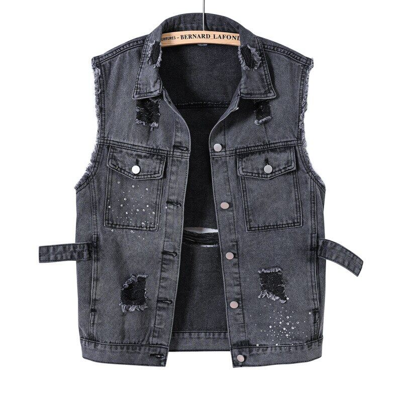 TOP★Mới 2022 Áo Gi-lê denim nam giới PUNK ROCK đinh tán cao bồi Quần Jeans màu đen áo ghi lê thời trang nam phong cách mô tô áo khoác Jacket bò không tay 918