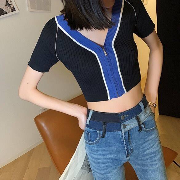IELGY t-shirt women's short-sleeved V-neck summer crop top cropped sweater