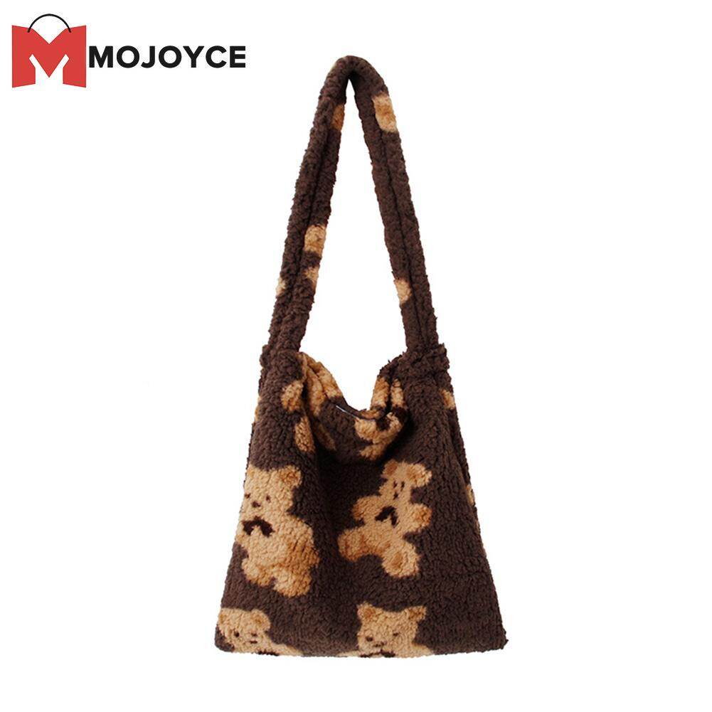 MOJOYCE Cute Bear Print Top-handle Bag Female Autumn Fashion Plush Tote Pouches Shoulder Handbag