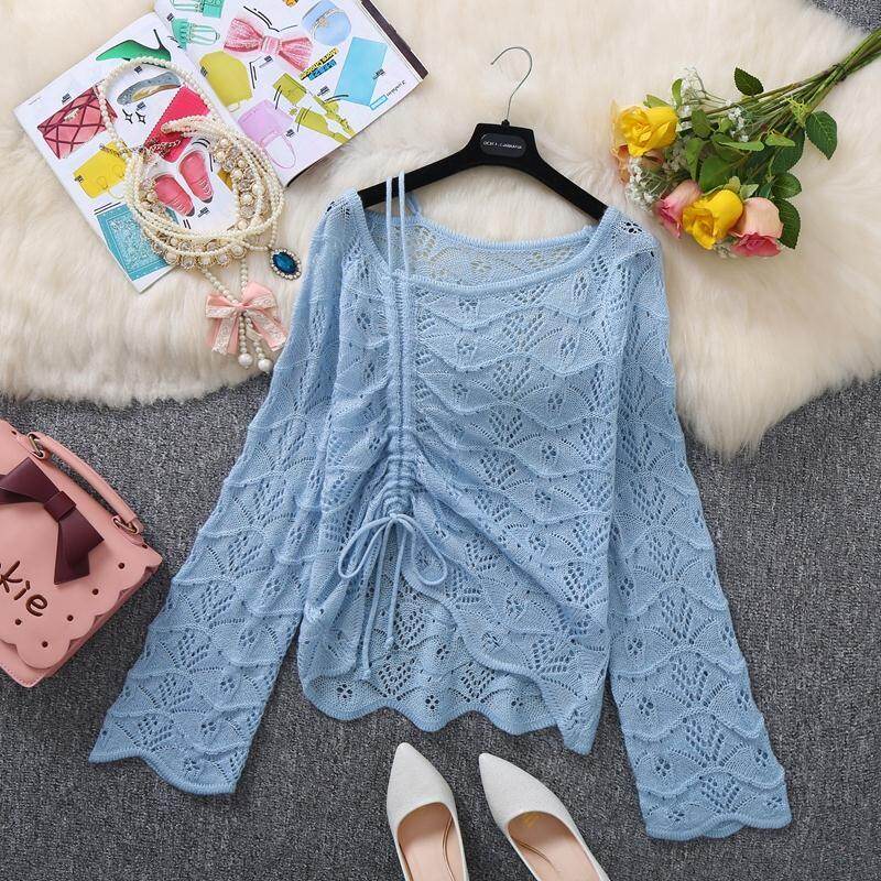 Ladies Hollow Crochet Knitted Sweaters Casual Drawstring Long-sleeved Pullover Short Sweaters Top