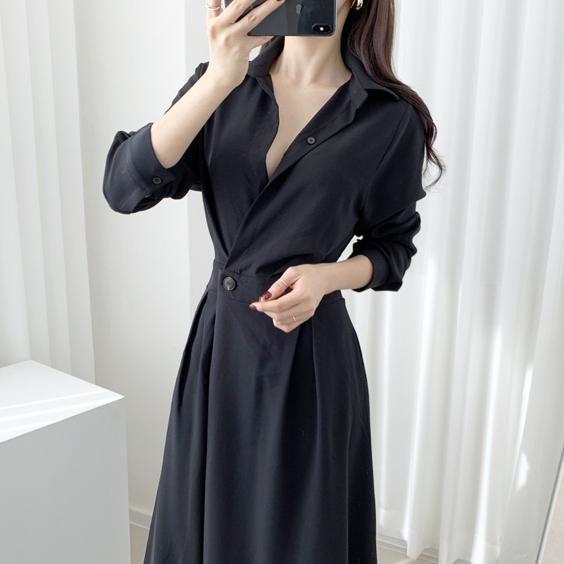 Women Chic Korean Long Dress V Neck 