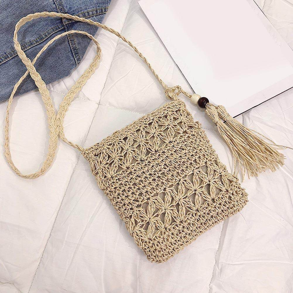[Pinfect] Fashion Women Retro Solid Color Tassel Shoulder Handbags Women Woven Beach Casual Messenger Bag