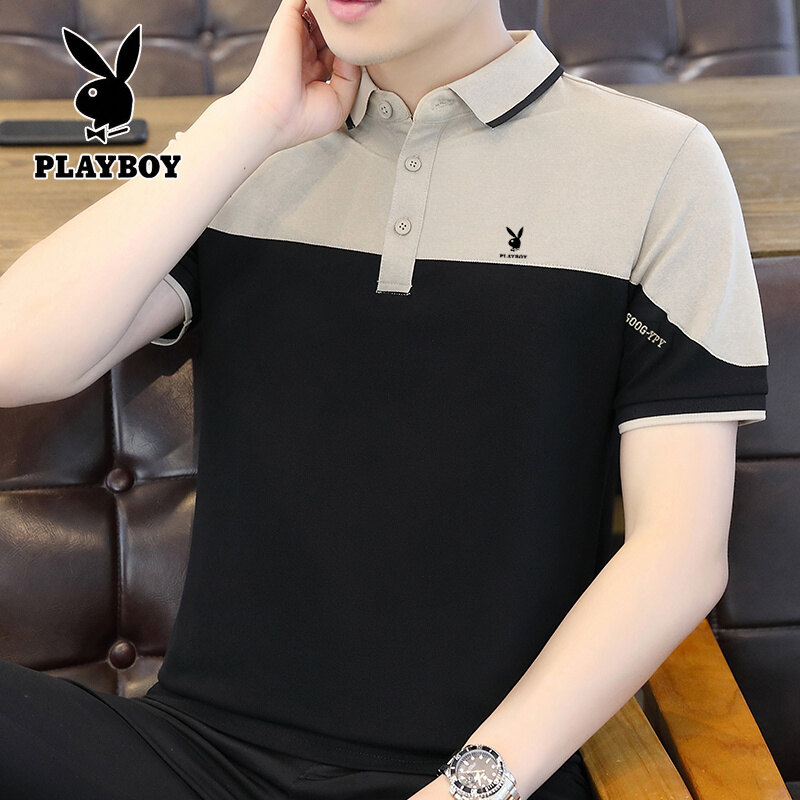 PLAYBOY Fashion Men's Casual POLO Shirt, Business Button Collar Short Sleeve Color-block POLO shirt（M-4XL）