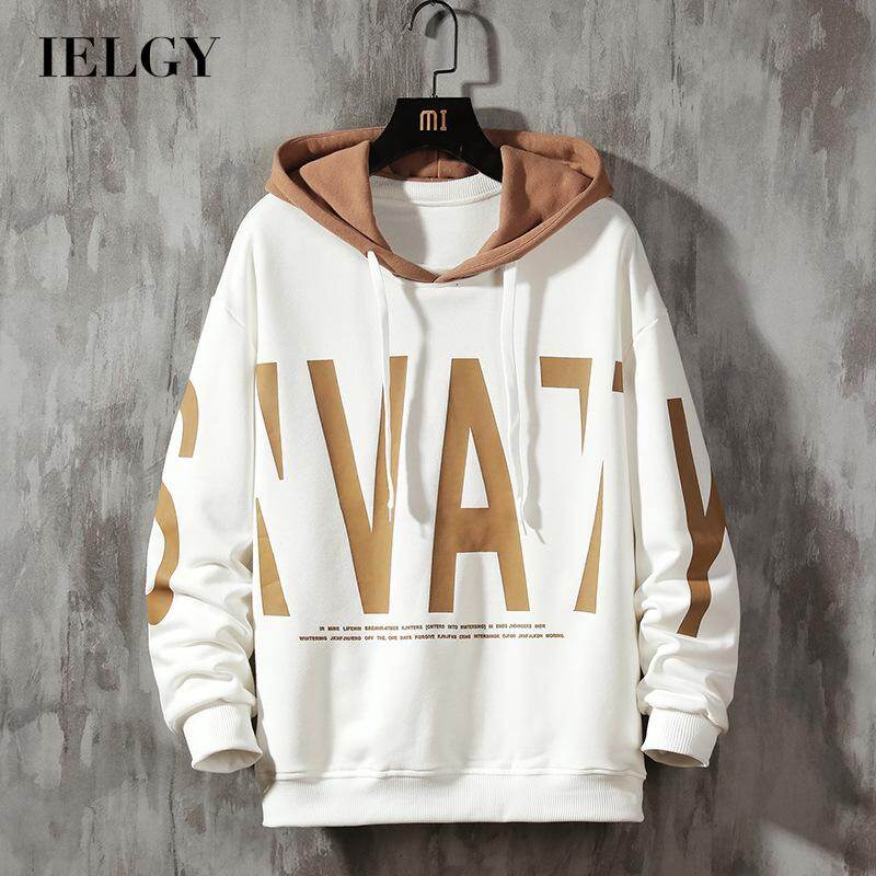 IELGY Letter printing Hooded Large size Pullover Fashion Stitching Men's sweater Loose Casual