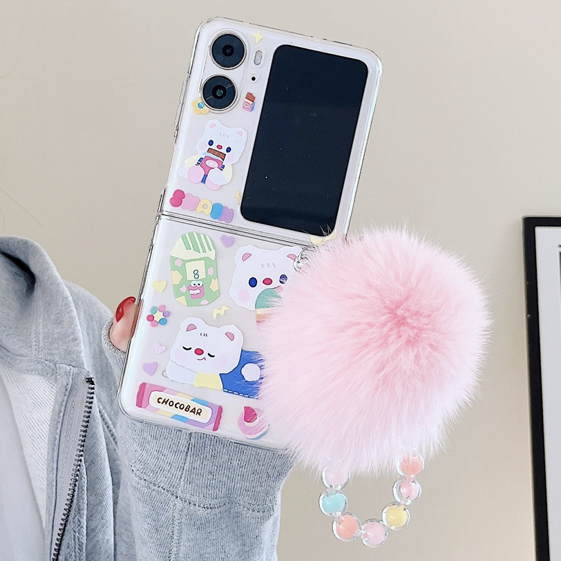 HOCE Cute 3D Plush ball with Chain Phone Case For Oppo Find N2 Flip Hand Chain Holder Clear Bear Shock-proof Protective Back Cover