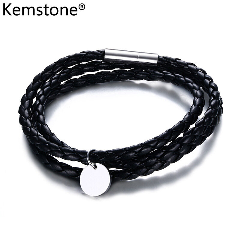 Kemstone Fashion Stainless Steel Round Pendant 3 Layers Black Leather Bracelets for Men Women
