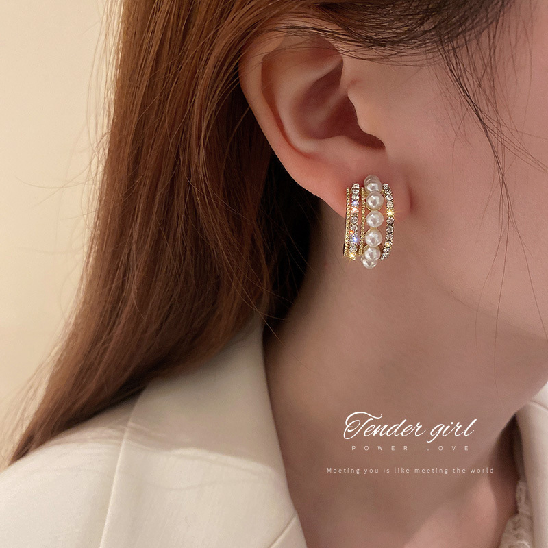Frascati High Quality Pearl Zircon C-shaped Geometric Stud Earring For Woman New Fashion Luxury Exquisite Korean Jewelry Girl's Earrings