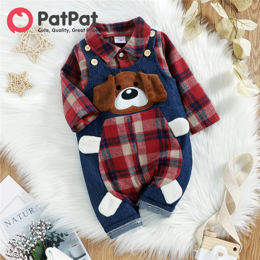Patpat Christmas children clothing set Boys Girls Christmas 2PCs red plaid long-sleeve blouse shirt romper and 100% cotton denim shirt suitable for 0-18 month