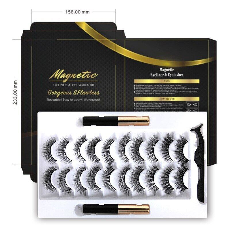 10 Pairs Eye Lashes Magnetic Eyelashes and Eyeliner Set False Eyelashes Magnet Extension Tweezer Set Waterproof Liquid Eyeliner