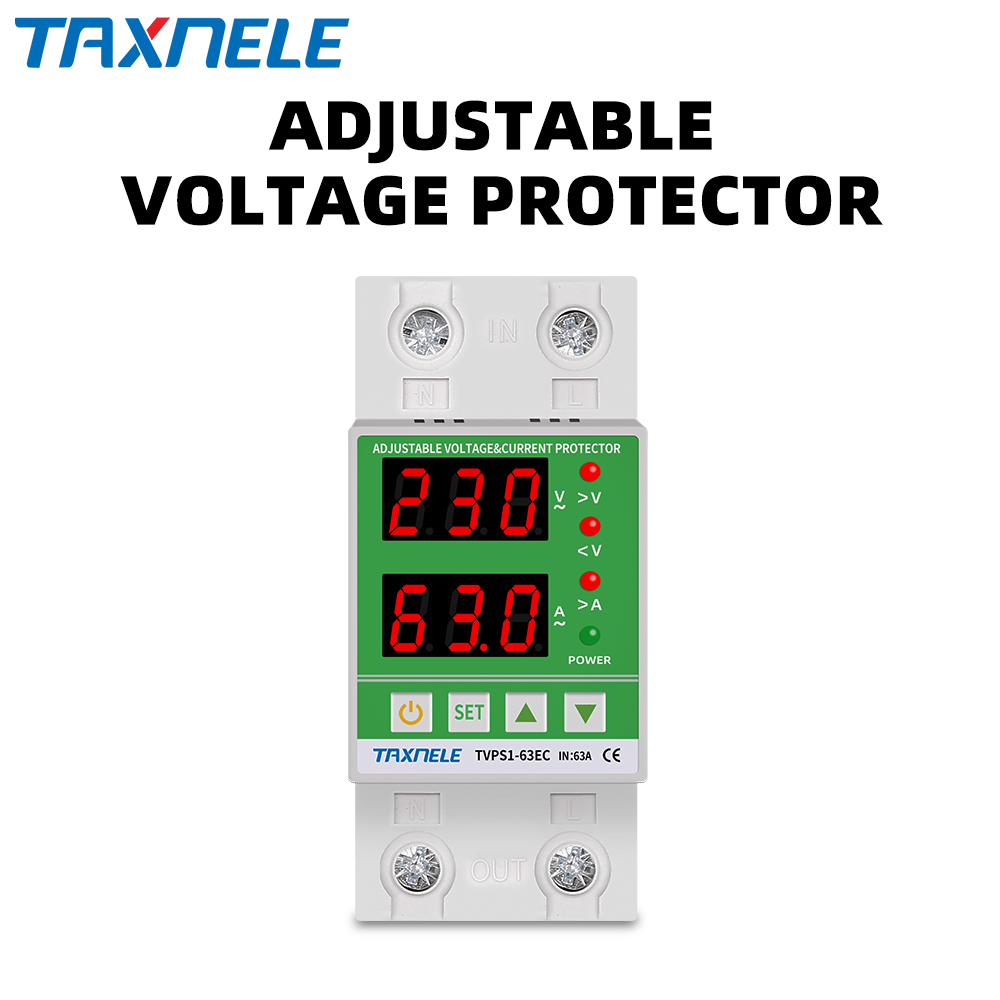 Din Rail Voltage Protector Relay - Dual Display, Adjustable 1~63A, For 110V/220V Over & Under Voltage