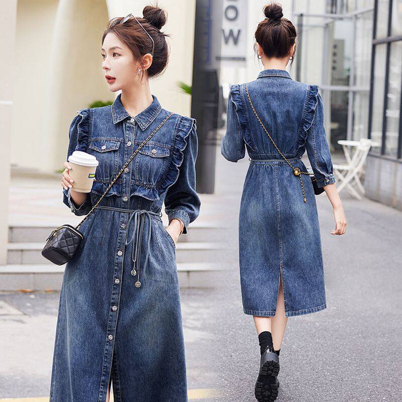 Váy liền bò dài tay thời trang váy liền bò mẫu mới 2024 nữ váy áo sơ mi cổ điển bó eo thường ngày