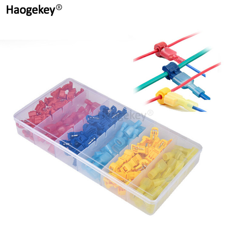 120Pcs T-shape Wire Terminal Connector Quick Joint Lock Snap Splice AWG22-10 Insulated Cable Crimp Kit Connect Terminale