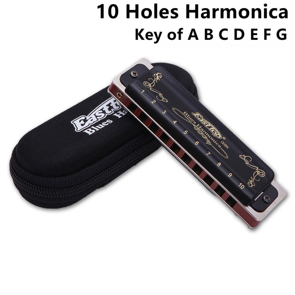 Easttop 10 holes harmonica blues harp mouth organ professional key of a b c d e f g black t008k birthday present gift with box
