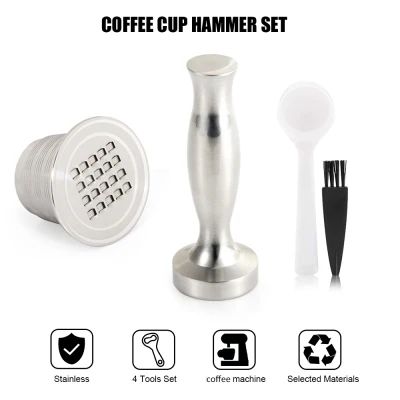 Reusable Coffee Capsules Cup Stainless Steel Coffee Filters 1 Refillable Pod for Series Nespresso Machines with 1 Hammer 1 Spoon 1 Brush