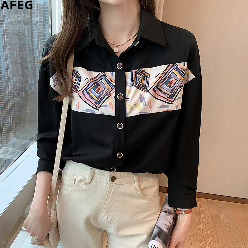 AFEG new Korean shirt collar fashion all-match printed chiffon long-sleeved blouse for women