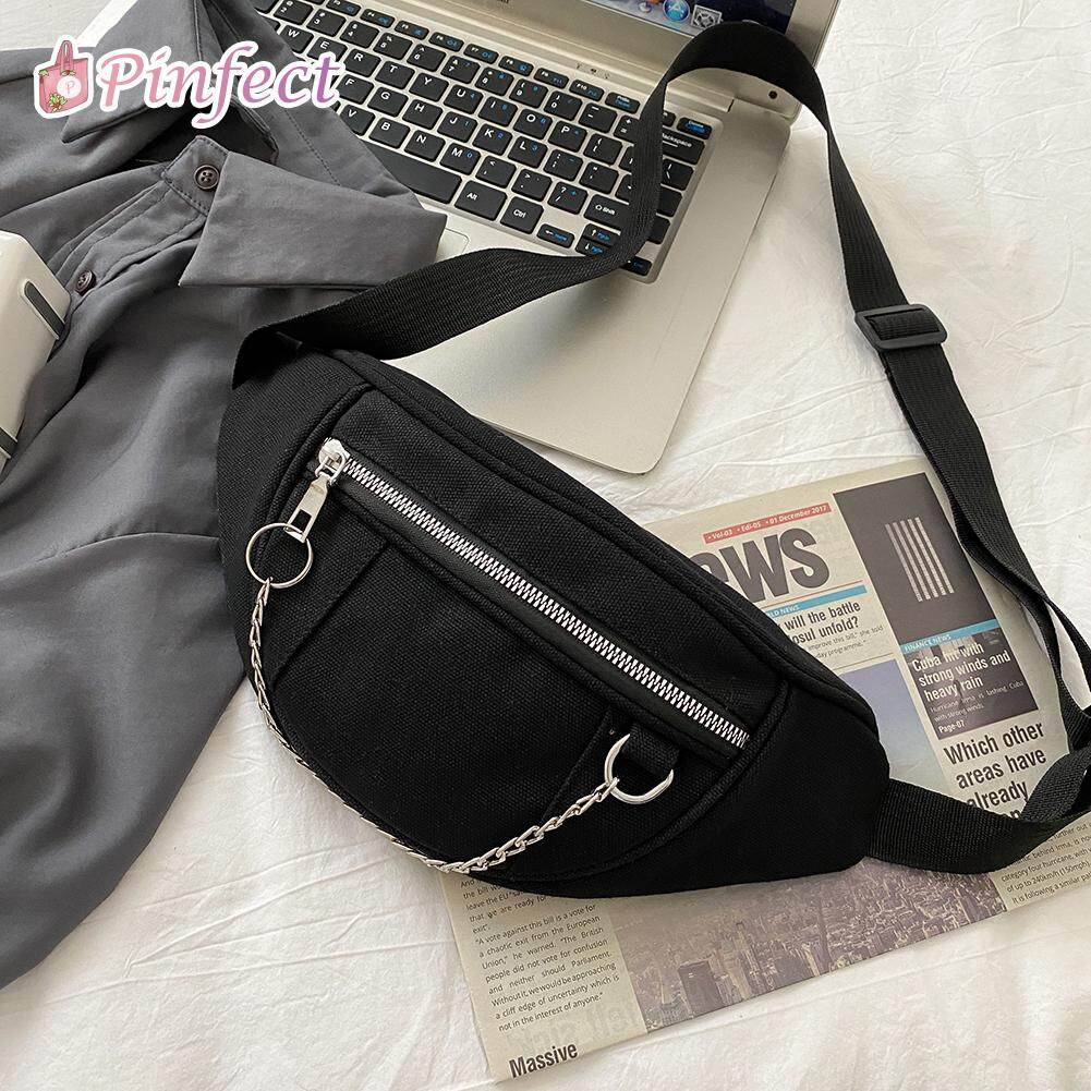[Pinfect] Korean Casual Street Waist Bag Women Solid Color Fanny Belt Pouch Chain Zipper Teenage Girl Daily Travel Shoulder Crossbody Chest Pack for Ladies