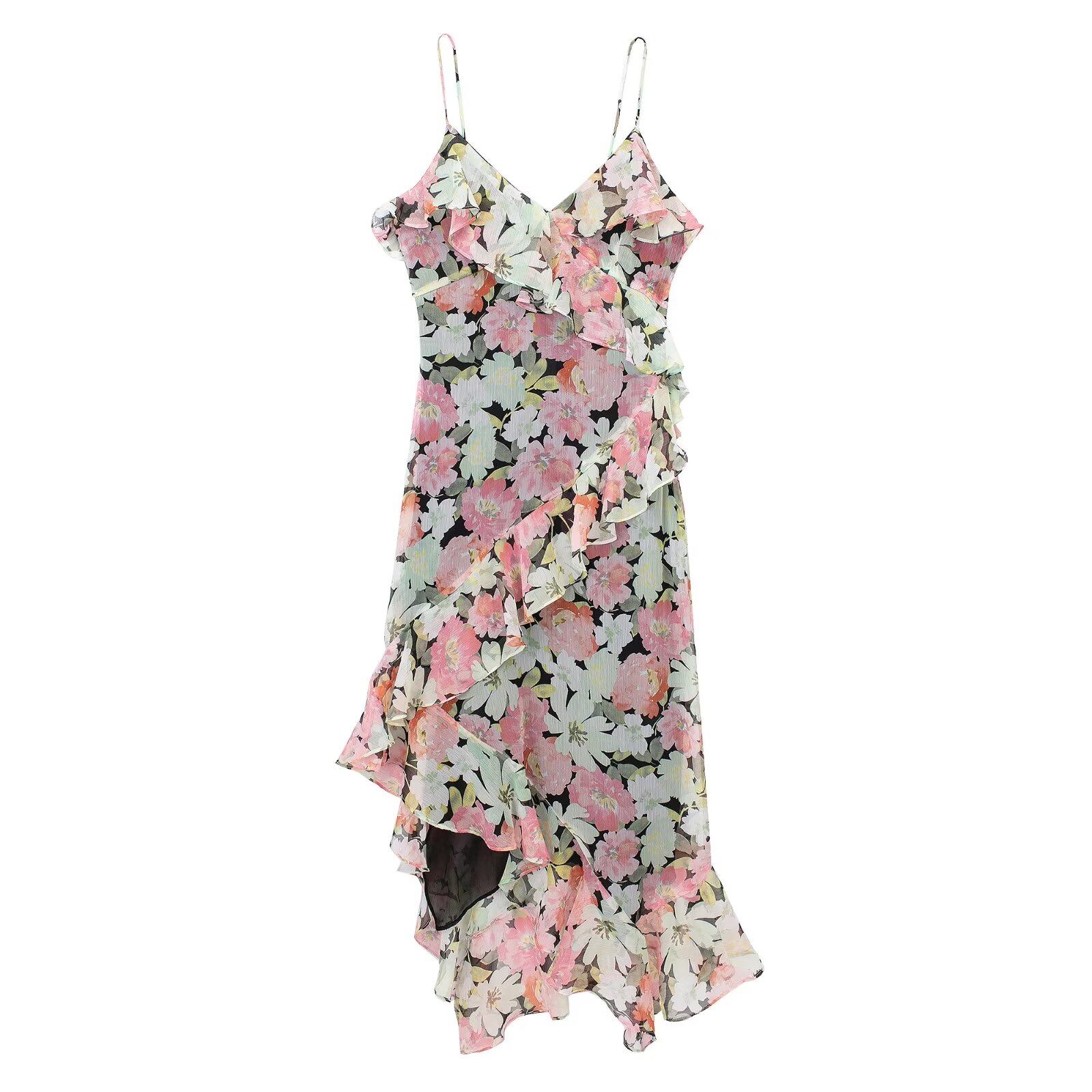 Willshela Women Fashion Printed Ruffled Asymmetrical Midi Camisole Dress Thin Straps V-Neck Female Chic Lady Casual Long Dress