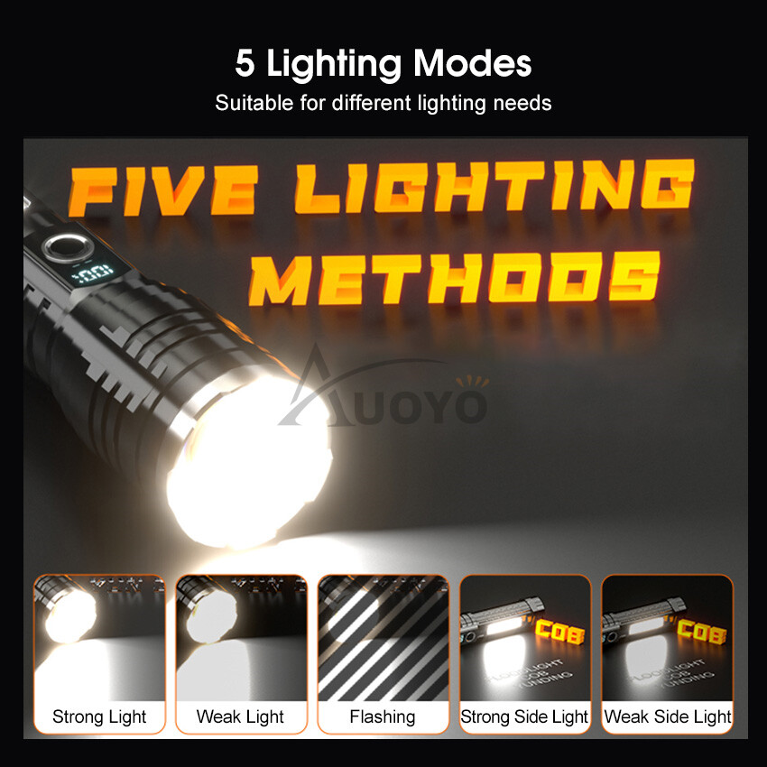 Auoyo White Laser Flashlight Outdoor Flashlight Telescopic Zoom Strong Light Multi-function Flashlight LED Power Display Charging Outdoor Flashlight Camping Outdoor Lamp Outdoor Waterproof Torchlight