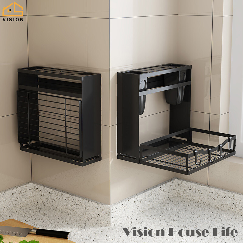 Vision Wall Mounted Kitchen Storage Rack Foldable Seasoning Rack Hole Free Rest Holder Multifunctional Chopsticks Barrel Chopping Board Storage Rack Tableware Storage Shelf