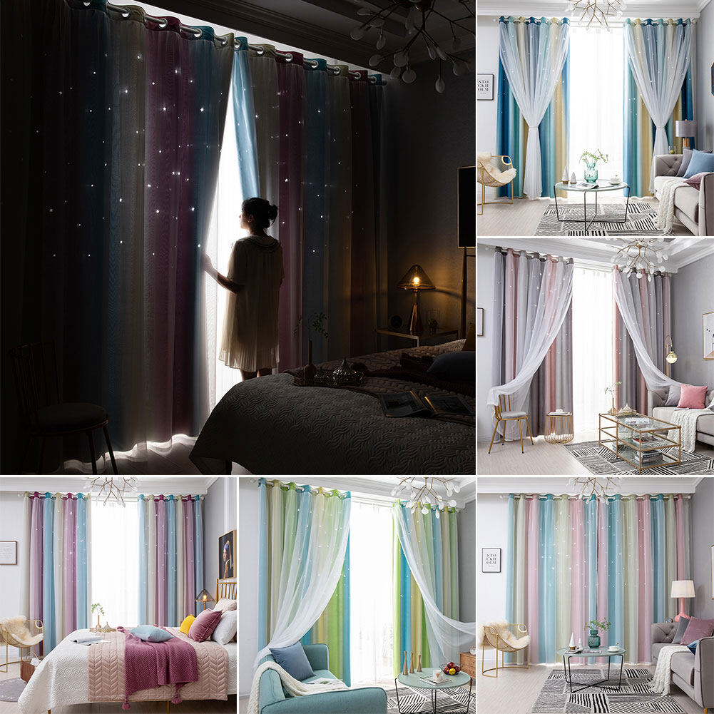 JAREDQGradient Hollow Star Double Layer Full Shading Bedroom Living Room Simple Heat Insulation Curtain1Pc Gradient Hollow Star Double Layer Light Heat Insulation Bedroom Curtain