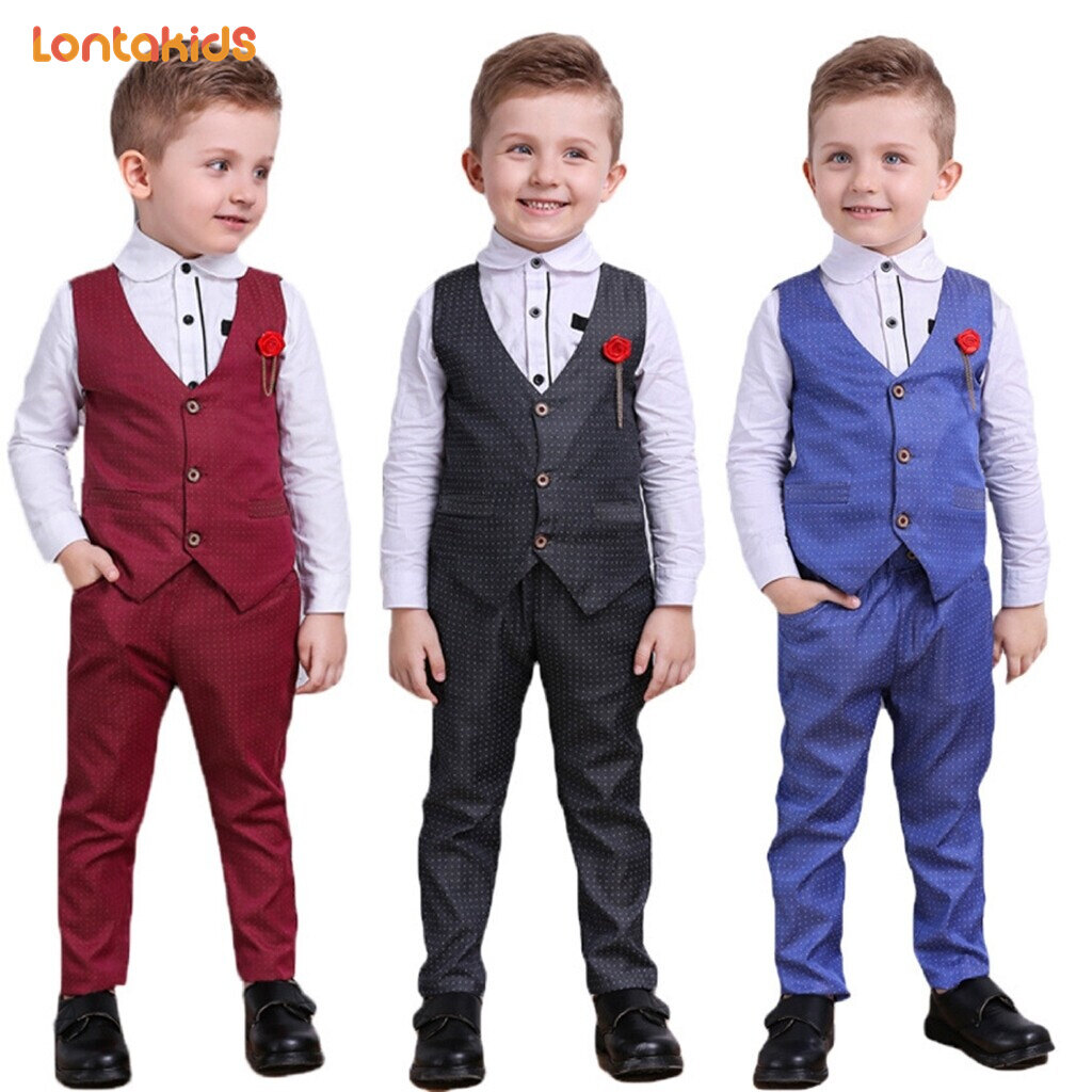 lontakids 3Pcs Boys Kids Formal Suit Long Sleeve Shirt + Vest + Pants Child Tuxedos Outfits 3-9 Years for Wedding Party Birthday