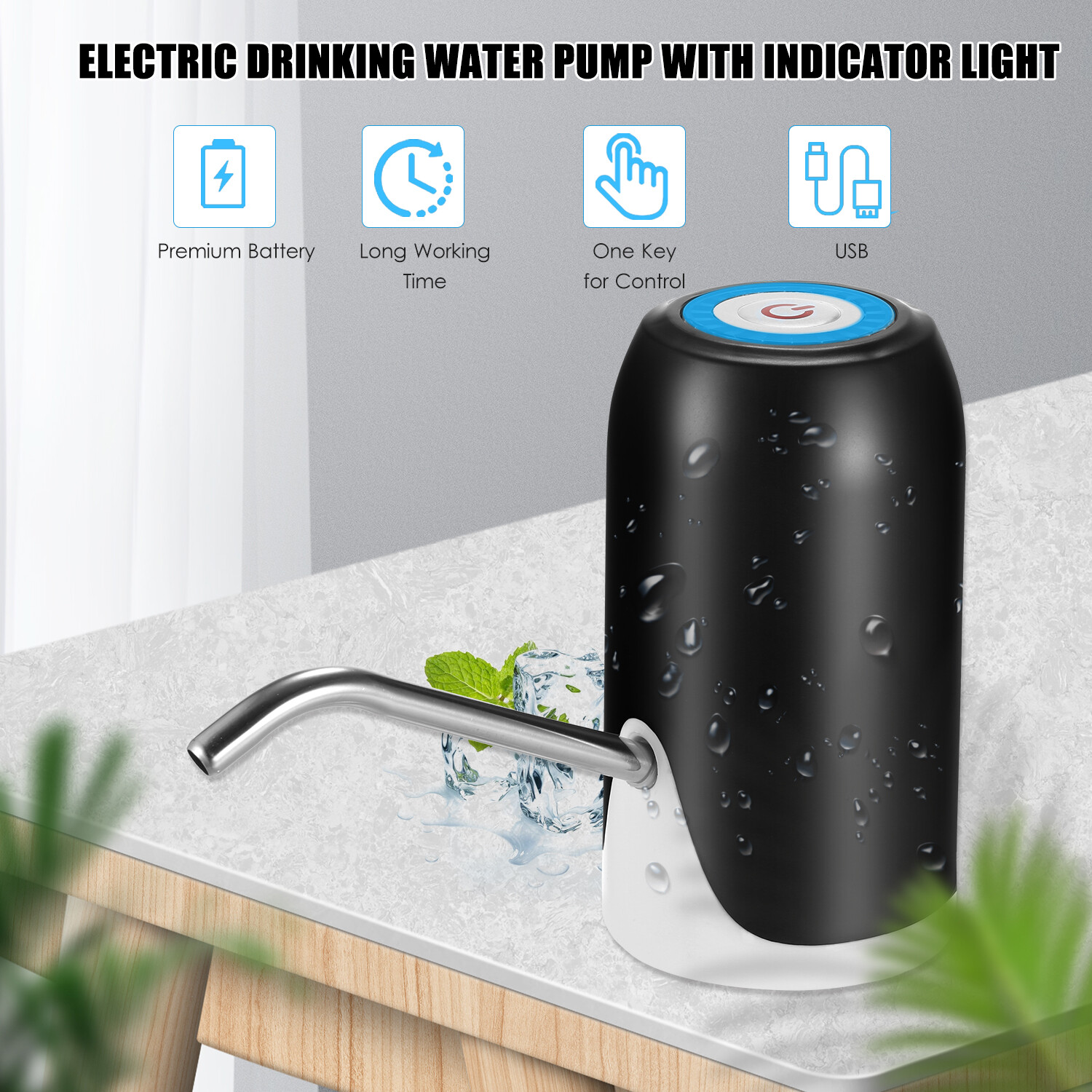 Smart Sensor Electric Drinking Water Pump Portable USB Rechargeable Automatic Water Dispenser Intelligent Water-suction Device with Indicator Light for Home Office Camping