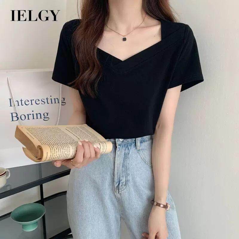 IELGY black short-sleeved t-shirt female summer design sense v-neck clavicle slim top