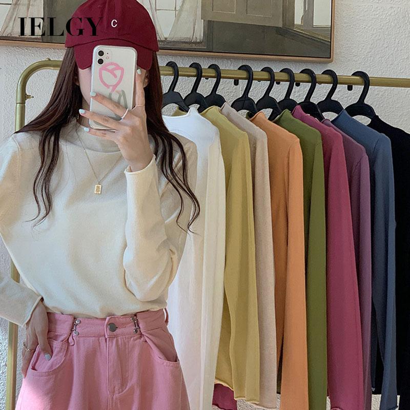 IELGY women's solid color half turtleneck long sleeve knitted bottoming shirt
